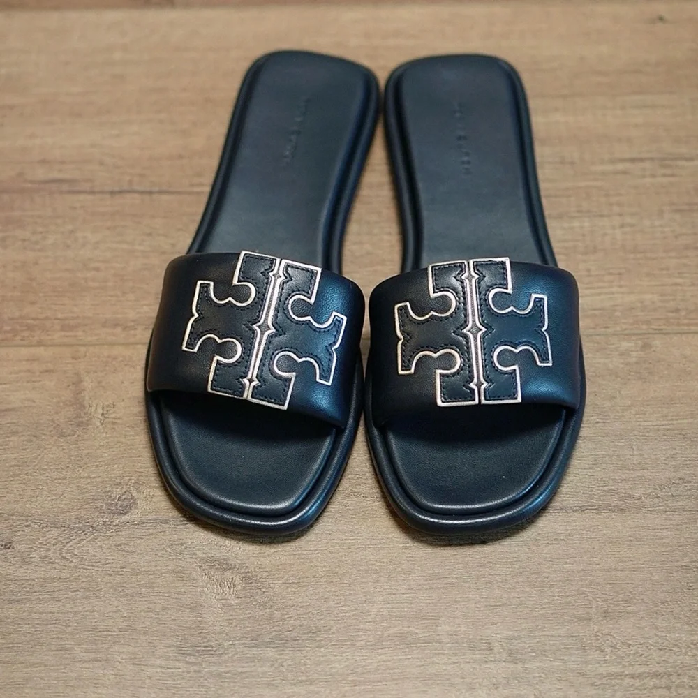 Tory Burch Black Slides with Gold Logo Medallions